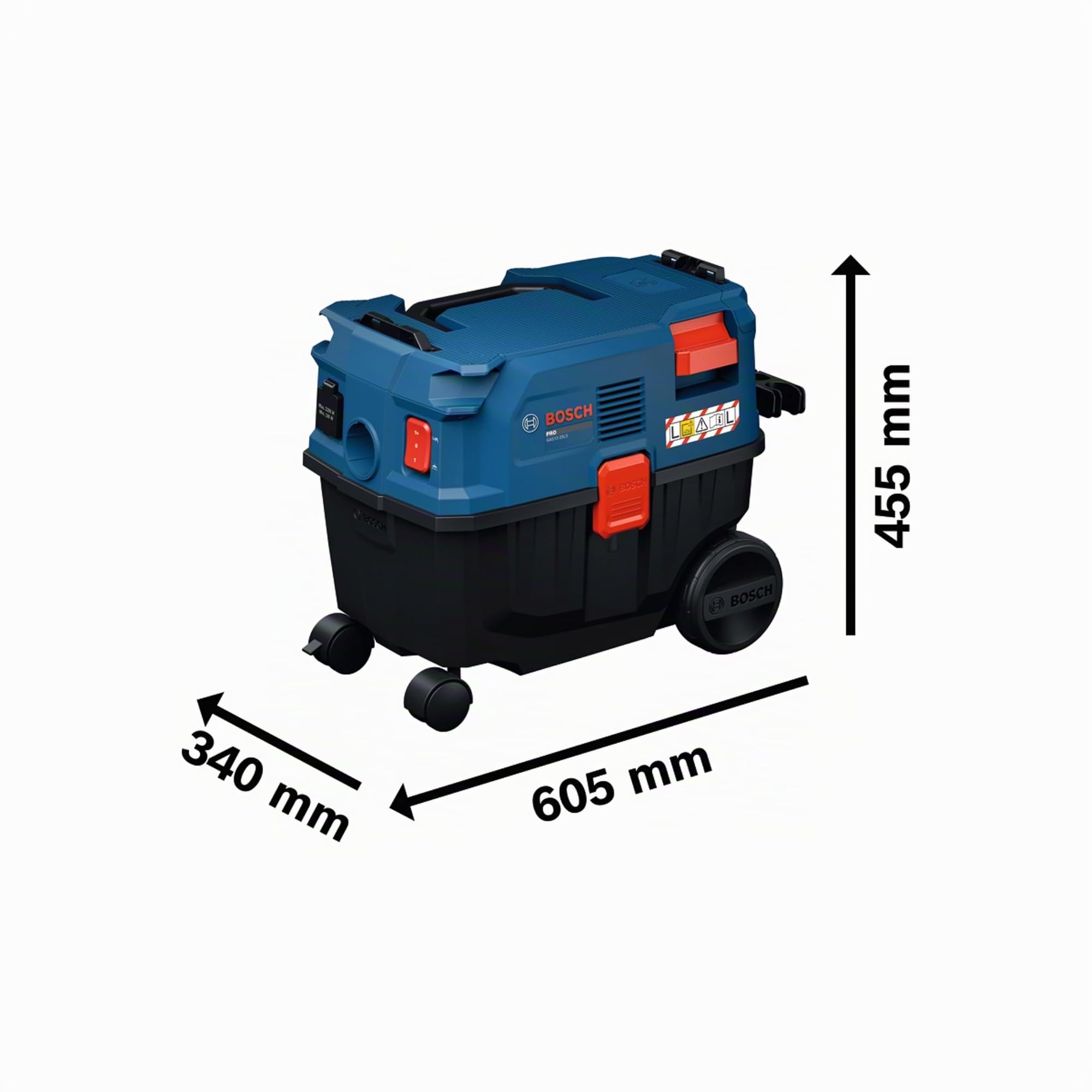 Bosch PRO Extractor con cable seco/húmedo GAS12-25LS (tubos de extensión, filtro plisado plano, manguera de 3,5 m, boquillas curva, de suelo y de rendija, saco de muletón, adaptador, caja de cartón)