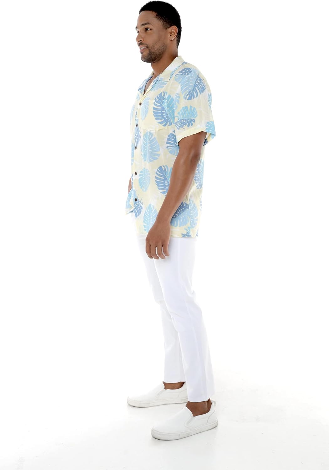 Matchable Couple Hawaiian Luau Shirt or 3/4 Sleeve Ruffle Dress in Pacific Palm Cream