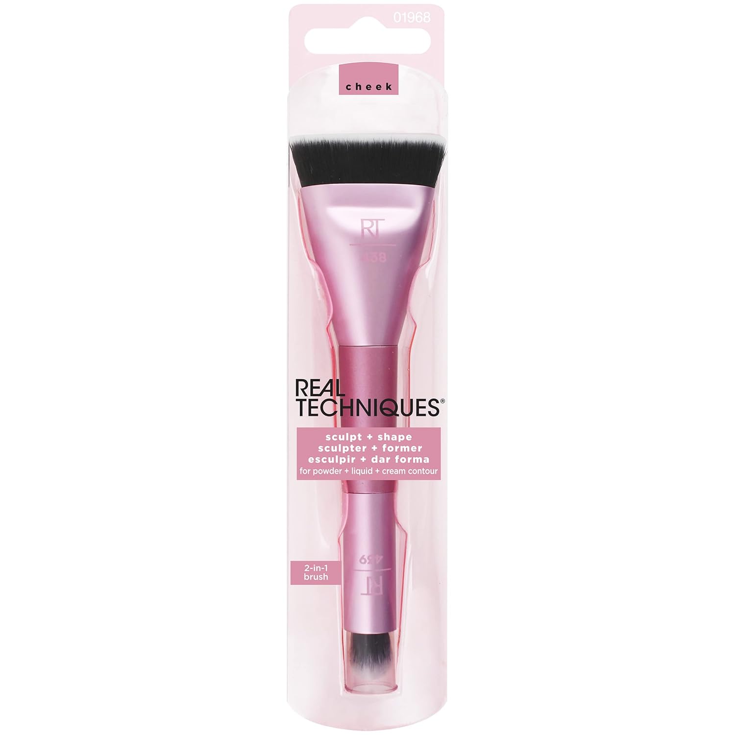 Real Techniques Sculpt & Shape Dual Ended 2-in-1 Makeup Brush, Contours Cheek, Nose, Eyes and Highlighter, Flat Head Blends & Intensifies Contour, Pink, 1 Count : Beauty & Personal Care