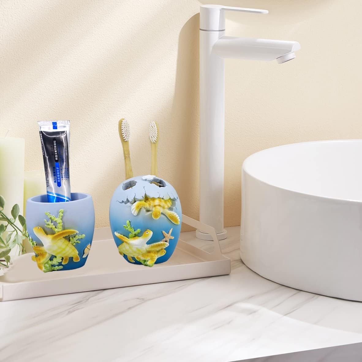 Resin Sea Turtle Mother and Baby Tumbler, Beach, Bathroom Accessory,Ocean Theme Sea Turtle Family Bathroom Decor,Coastal Decor (Ocean Blue)