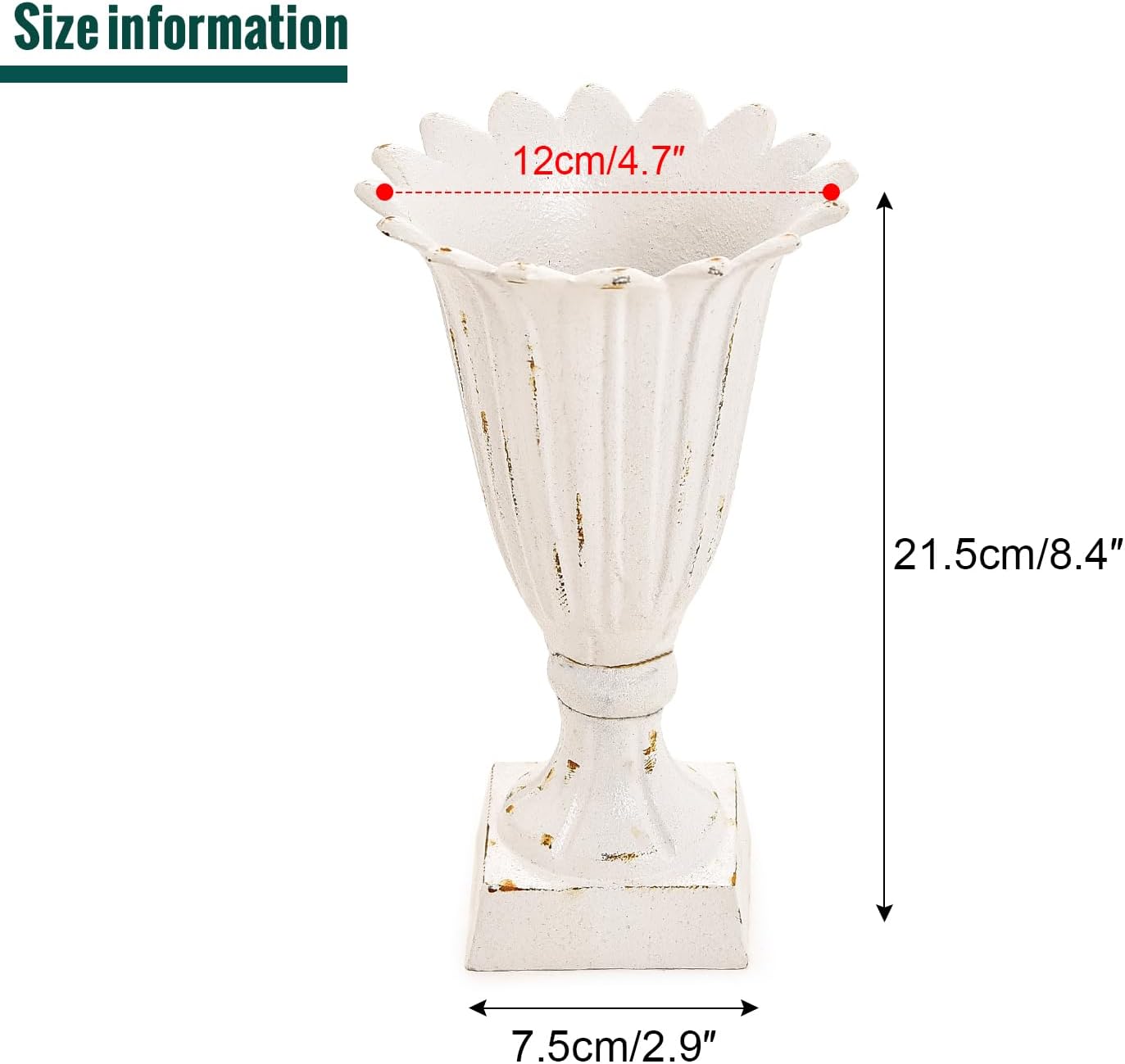 Sungmor Heavy Duty Cast Iron Decorative Vase, Unique Trumpet Shape, Rustic French Country Style, White, Perfect for Table Top, Indoor & Outdoor Use