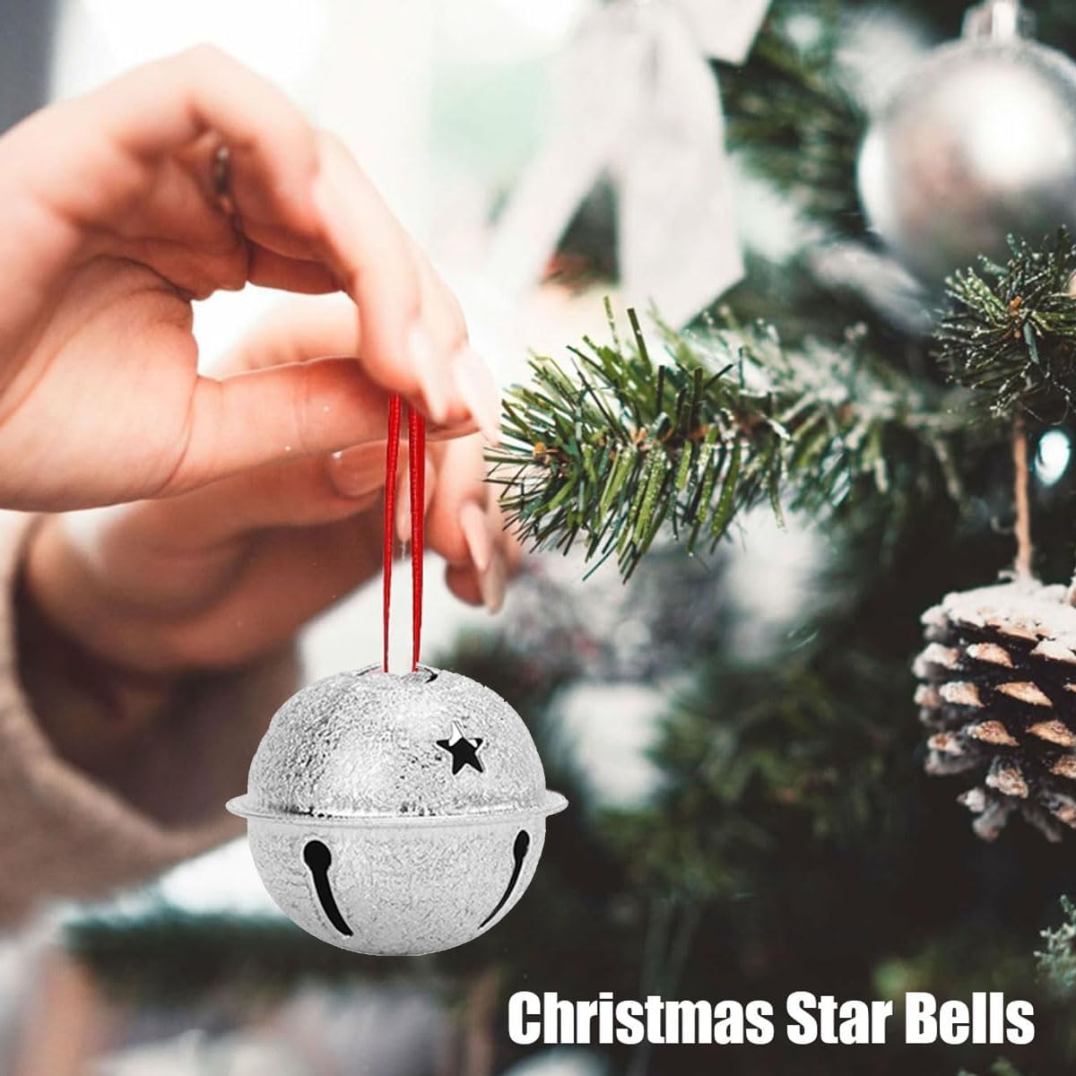 24Pcs Christmas Bells, Frosted Bells Ornament, with Star Cutouts, Lightweight and Portable, DIY Christmas Tree Decoration for Christmas, Weddings, Engagements, Parties(Silver)