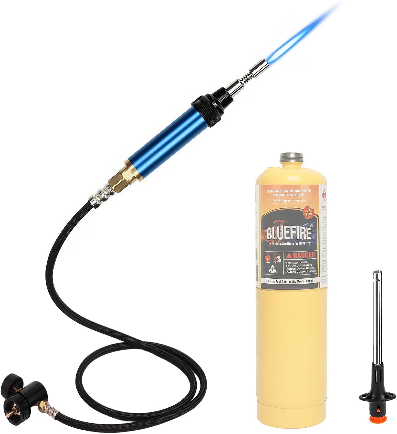 BLUEFIRE 3-Foot Hose Propane/MAP Gas Soldering Torch – Multi-Function Portable Self-Igniting Welding Station with Adjustable Flame & Available Accessories, Fueled by 1lb MAPP Cylinder (Not Included)