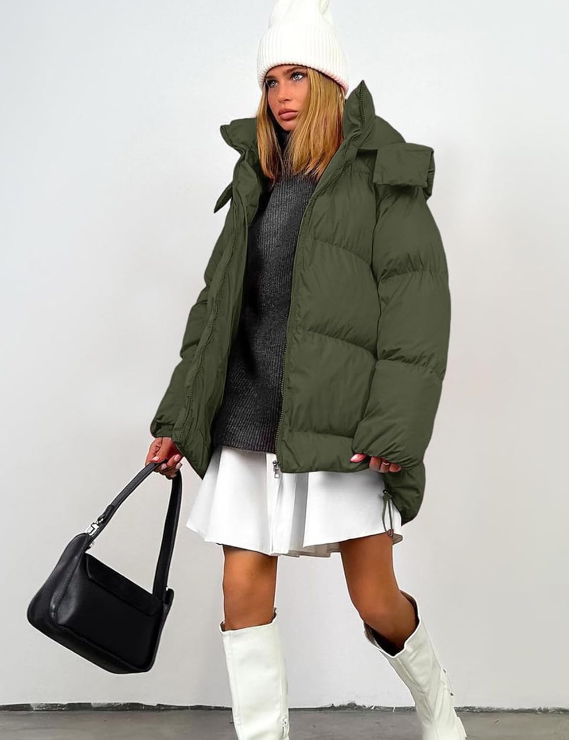 Gihuo Womens Quilted Puffer Coat Hoodie Winter Oversized Mid-Length Padded Down Jacket Warm Heavyweight Bubble Outerwear