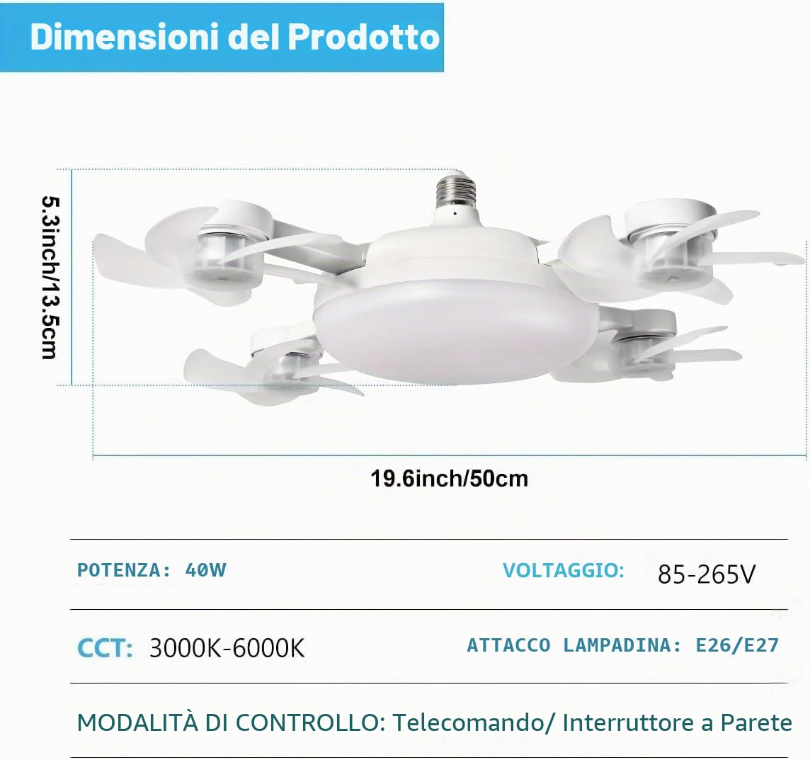 Ventilatore de Soffitto con Luce, Dimmerabile Regolabile Ceiling Fan Lampadina con ventilatore Plafoniera con Ventilatore Silenzioso Telecomando per Camera da Letto Interno Camera da Letto Ufficio