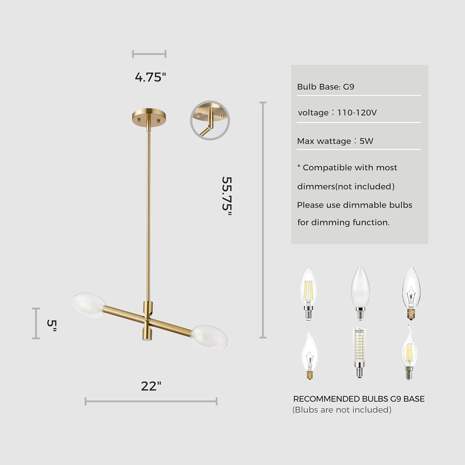 ocioc Gold Sputnik Chandelier 2-Light, Modern Glass Globe Light, Mid Century Ceiling Light Fixture Height Adjustable Hanging Pendant Lighting for Dining Room Kitchen Island Bedroom Office