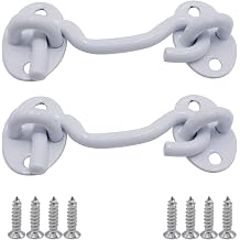 3 Inch White Stainless Steel Hook and Eye Latch for Gate Shed | 2Pack, heavy duty thick construction, barn door compatible, fence and window use, privacy lock security, with mounting screws