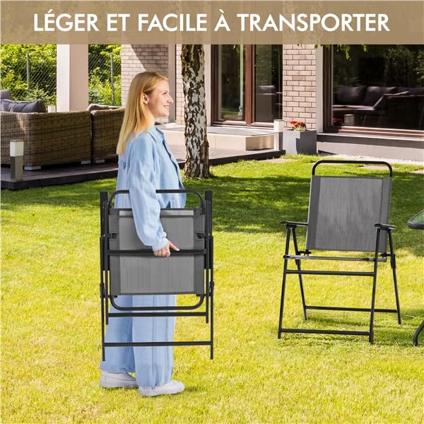 Yaheetech Lot de 4 Chaise de Jardin Extérieur Chaise Pliante Camping Portable Tissu en Polyester Respirant et Robuste Gris