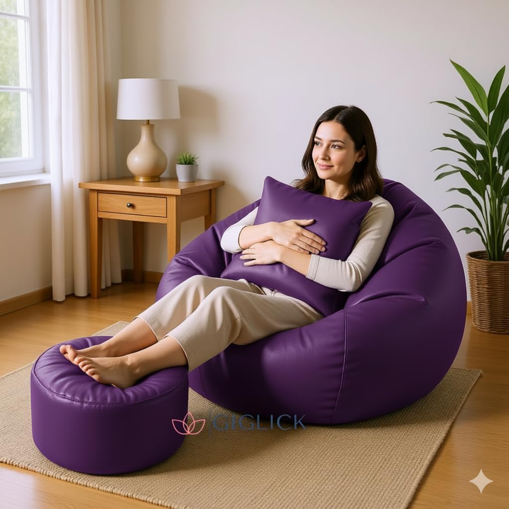 4XL Bean Bag Chair with Footrest & Cushion | Pre-Filled Beans | PVC Leatherette Lounger Sofa | Indoor & Outdoor Bean Bag with Pocket & Handle | Double Stitching | 6 Months Warranty Color- (PURPLE)-image-27