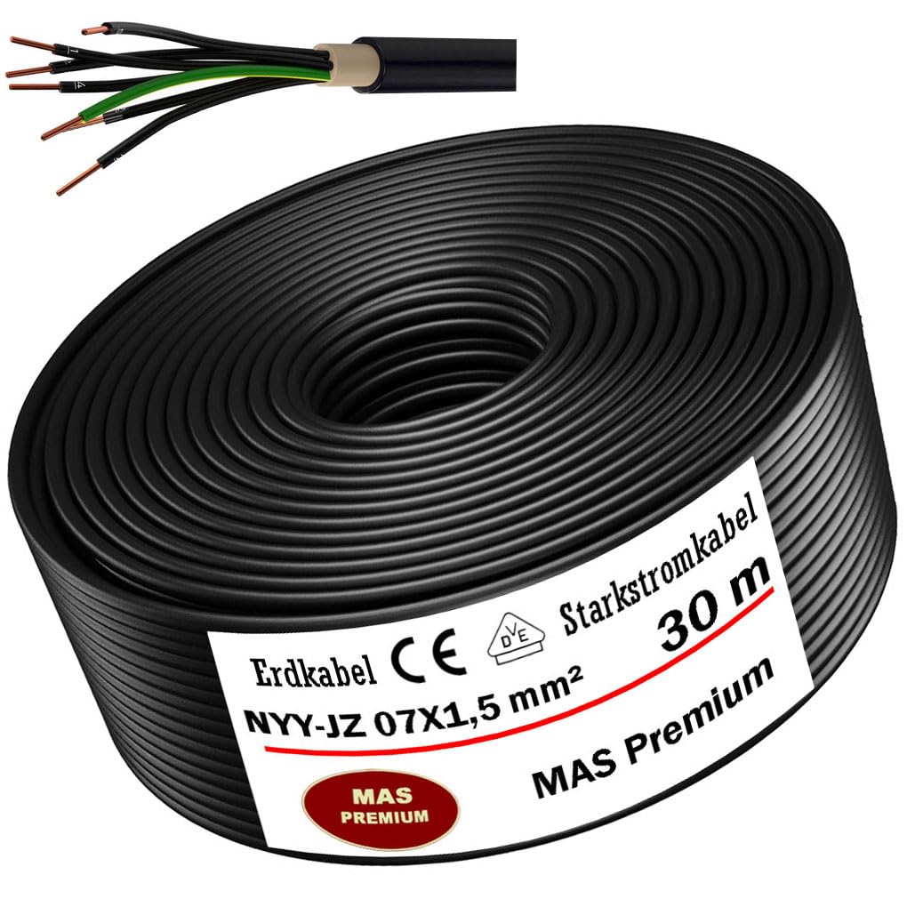 MAS Premium Kabel ziemny, kabel zasilający 5-100 m NYY-JZ 7 x 1,5, 2,5 lub 4, kabel elektryczny zwój, do układania na wolnym powietrzu, w ziemi (NYY-JZ 7 x 1,5 mm², 30 m)