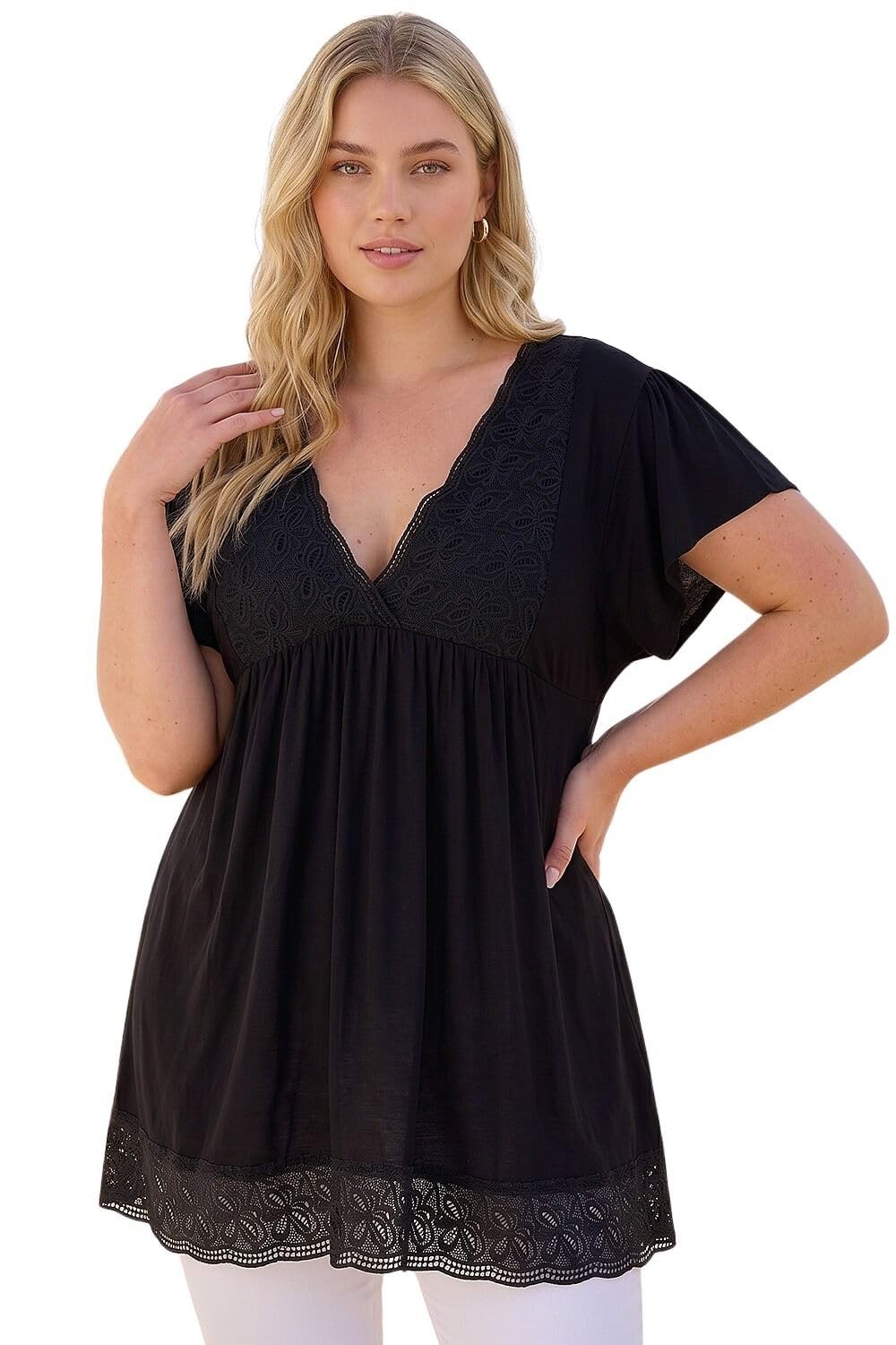Roman Curve Lace Trim Stretch Top for Women UK - Ladies Everyday Holiday Spring Summer V-Neckline Comfy Soft Evening Vacation Work Party
