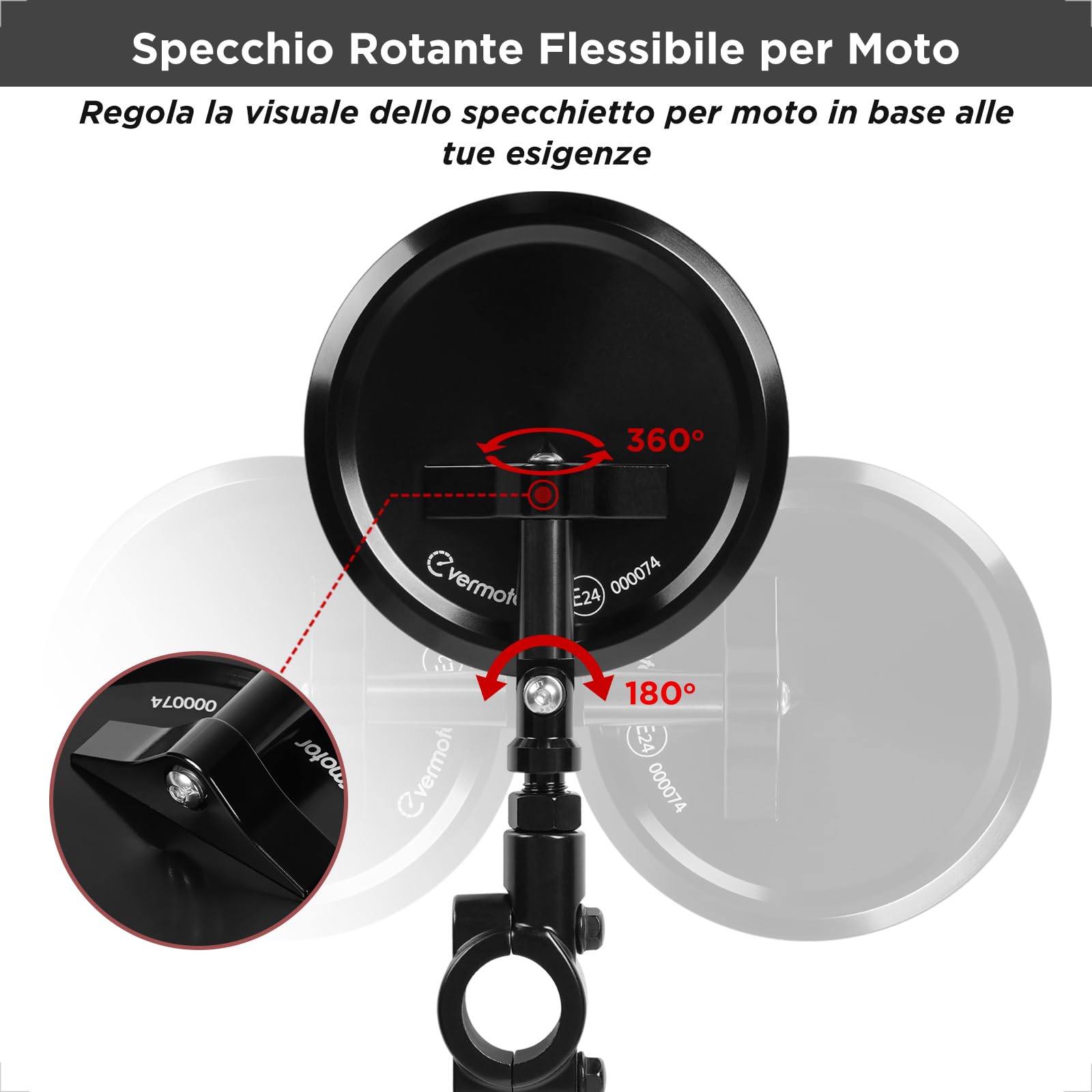 Evermotor CNC Specchietto Moto, Specchietti Moto Mmologati E24, Rotondo per Scooter, ATV, Ciclomotori, Quad, Moped (1)