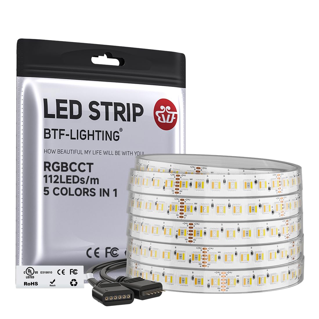 BTF-LIGHTING Striscia LED RGBCCT 5IN1 5050SMD RGB+Bianco Caldo+Bianco Freddo Dimmerabile DC24V 5M 112LEDs/m IP67 PCB Bianco per Camera da Letto Festa Decorazione Interna(Senza Adattatore o Controller)