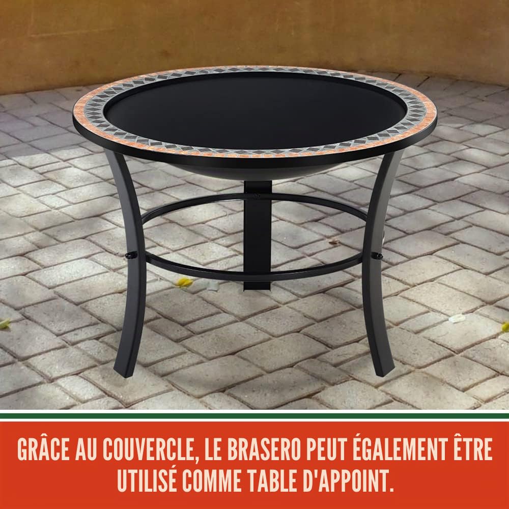 Brasero Rond Sevilla Ø 76 cm Acier laqué Pierres mosaïque Accessoires Couvercle Jardin terrasse feu Bois Charbon briquette Barbecue