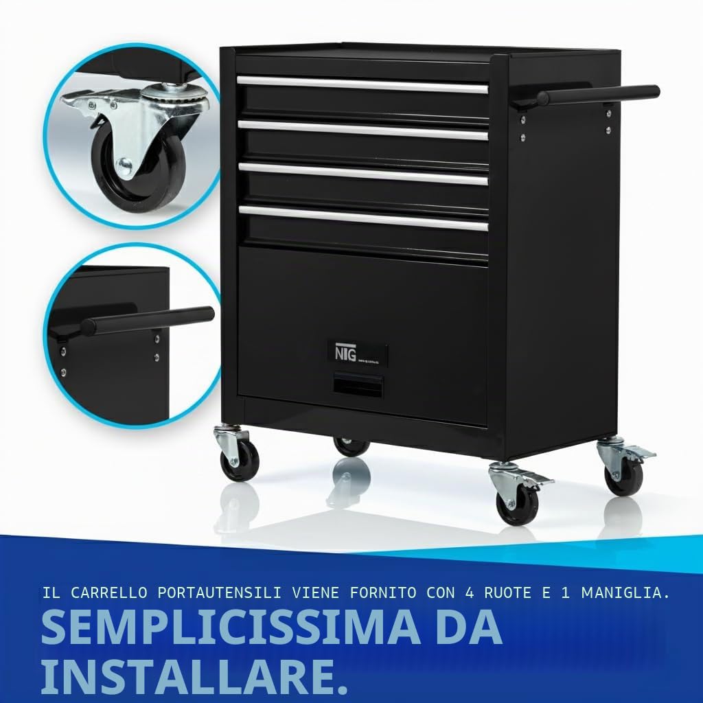 Carrello da officina NTG 4 cassetti + ampio vano - vuoto - Cassetti con cuscinetti a sfera - Dispositivo di sicurezza per il trasporto - 2 ruote con freno di stazionamento - Carrello portautensili