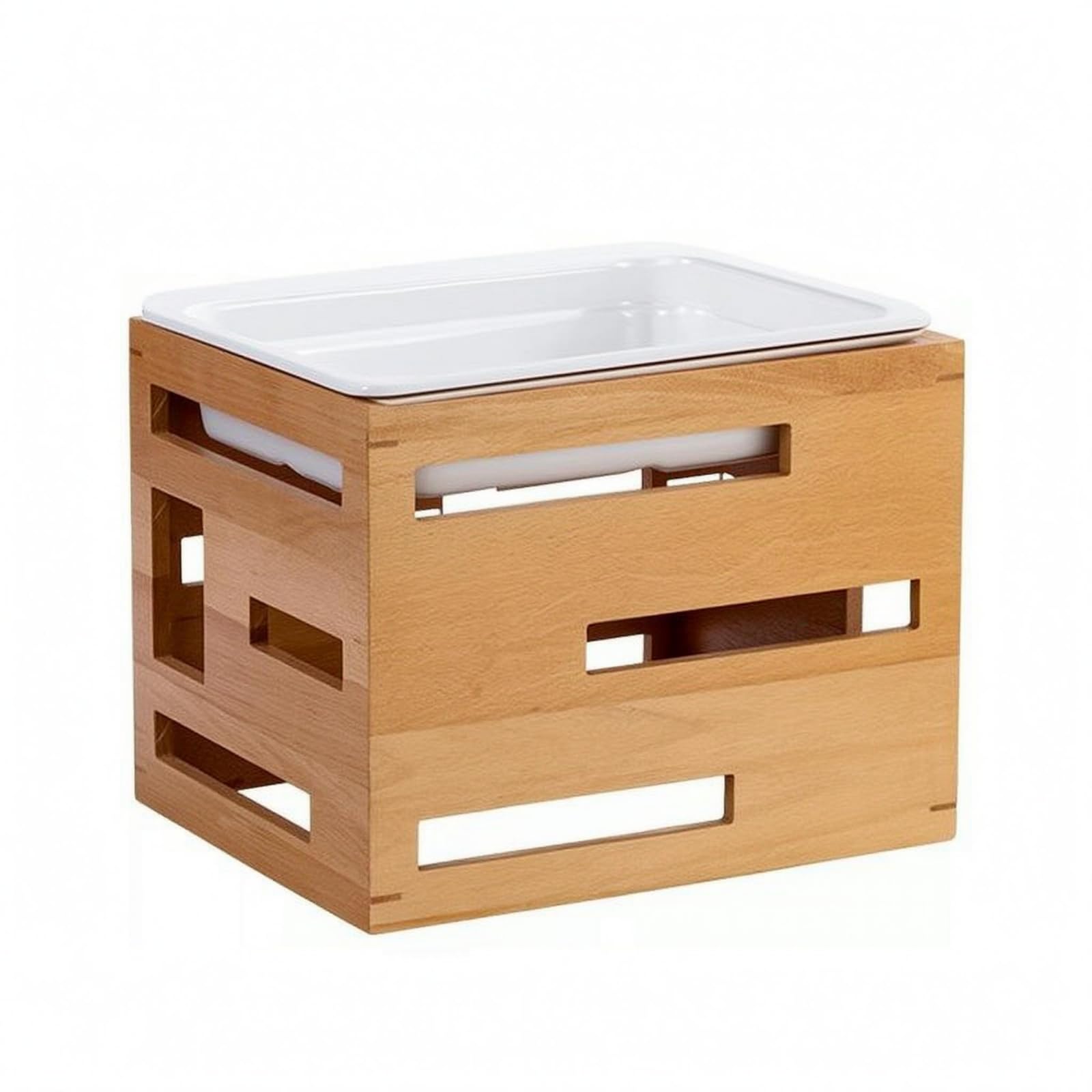 Supporto Buffet Basso Struttura Aperta Vassoio Rettangolare Rustico Servizio Tavola per Catering, Grande, 1/2 Cornice in Legno con Piatto in Finta Porcellana