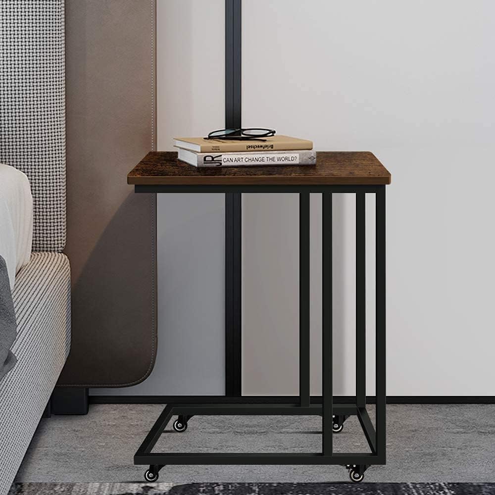 AZL1 Life Concept End Table, Side Table, TV Tray, C Shaped Snack Table with Metal Frame, Rolling Casters, Industrial, for Living Room, Bedroom,Rustic Brown.