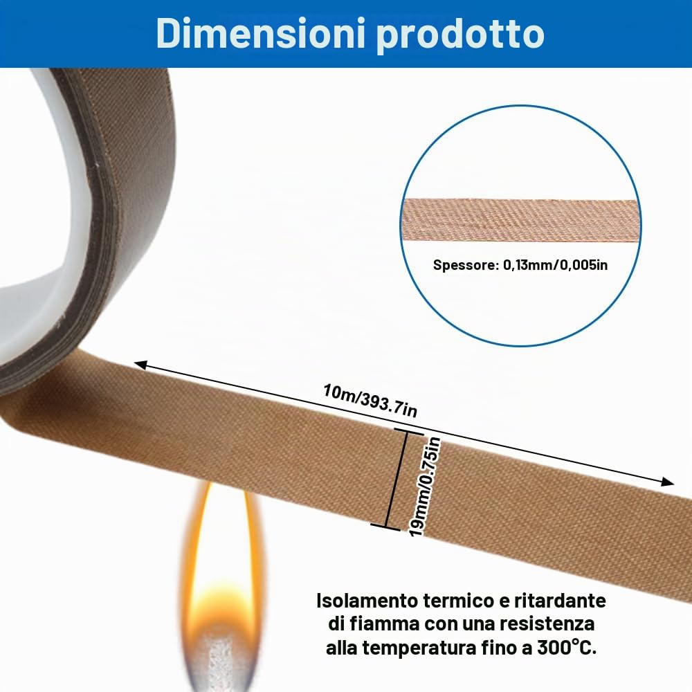 Jinsion 19ｍｍ X 10ｍ Nastro Teflon Sottovuoto | Ptfe Ad Alta Temperatura, Teflon di Vetro Nastros Adesivo per Macchina Sottovuoto, Sigillatura a Mano