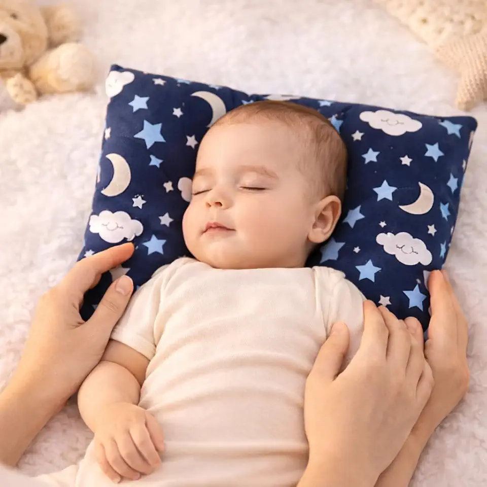 Travesseiro Anatômico de Bebê Macio para Berço, Carrinho, Estampado Menino e Menina 27x37cm - Almofada Suporte de Cabeça para Recém Nascido (Modelador) Masculino e Feminino Hipoalergênico (Marinho)
