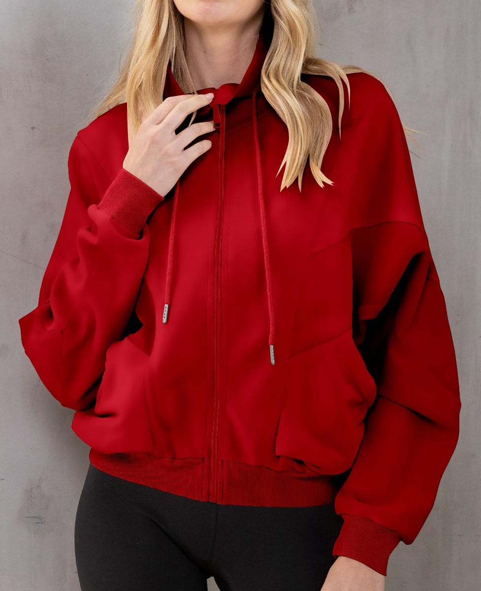 INFITTY Womens Long Sleeve Jacket Full Zip Up Stand Collar with Pockets Casual Batwing Lightweight Sweatshirts - Image 2
