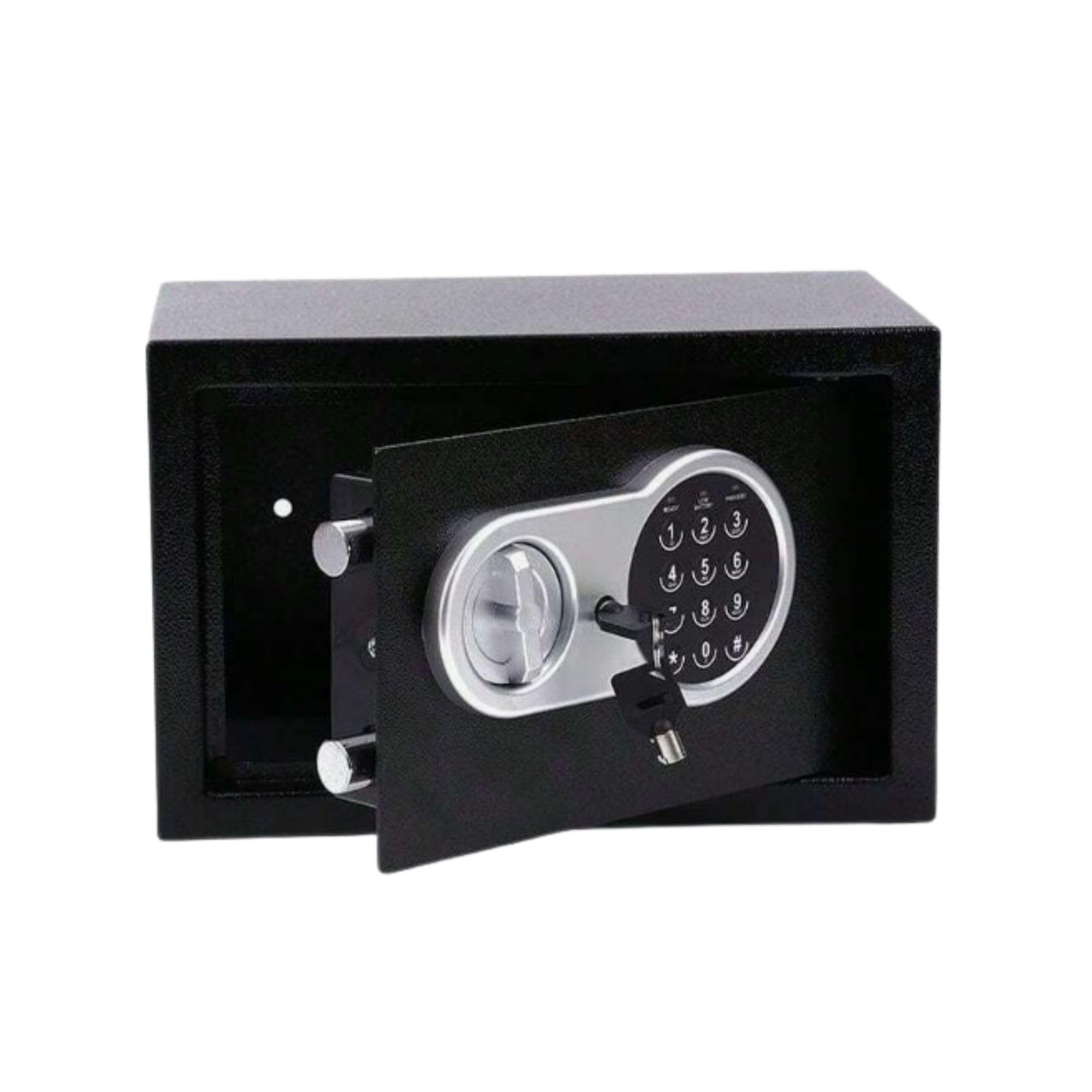 Perel Caja fuerte electrónica con código digital y llave de emergencia, caja de seguridad de acero espaciosa con interior acolchado, mini caja para joyas, documentos y dinero, 20x31x20 cm