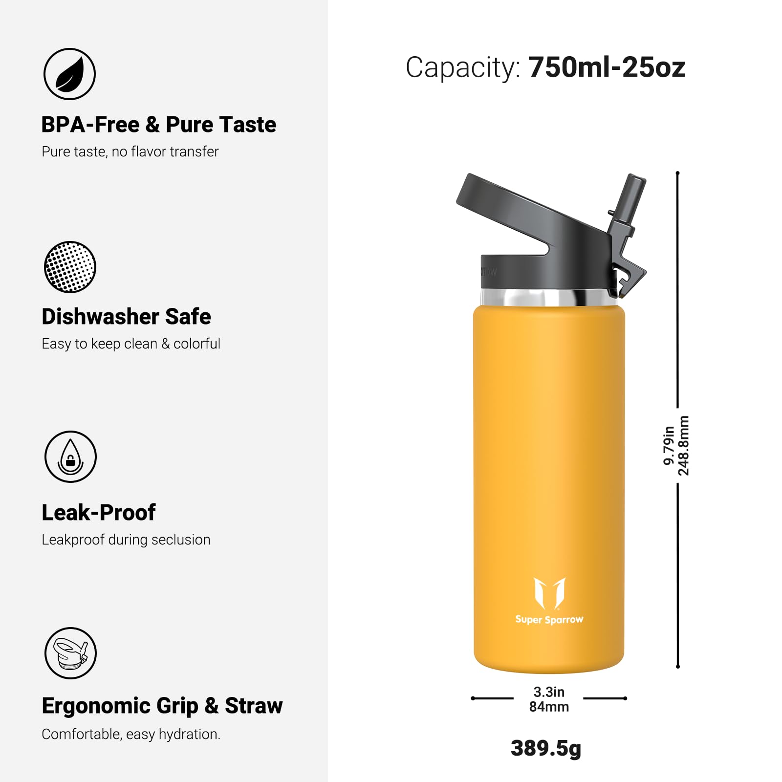 Super Sparrow Borraccia Termica - 500ml, 750ml, 1L - SwivelSip Inox Bottiglia - Senza BPA Borracce Termiche, Borraccia Bambini Ergonomica per Scuola, Sportiva, Bici, Campeggio, Palestra