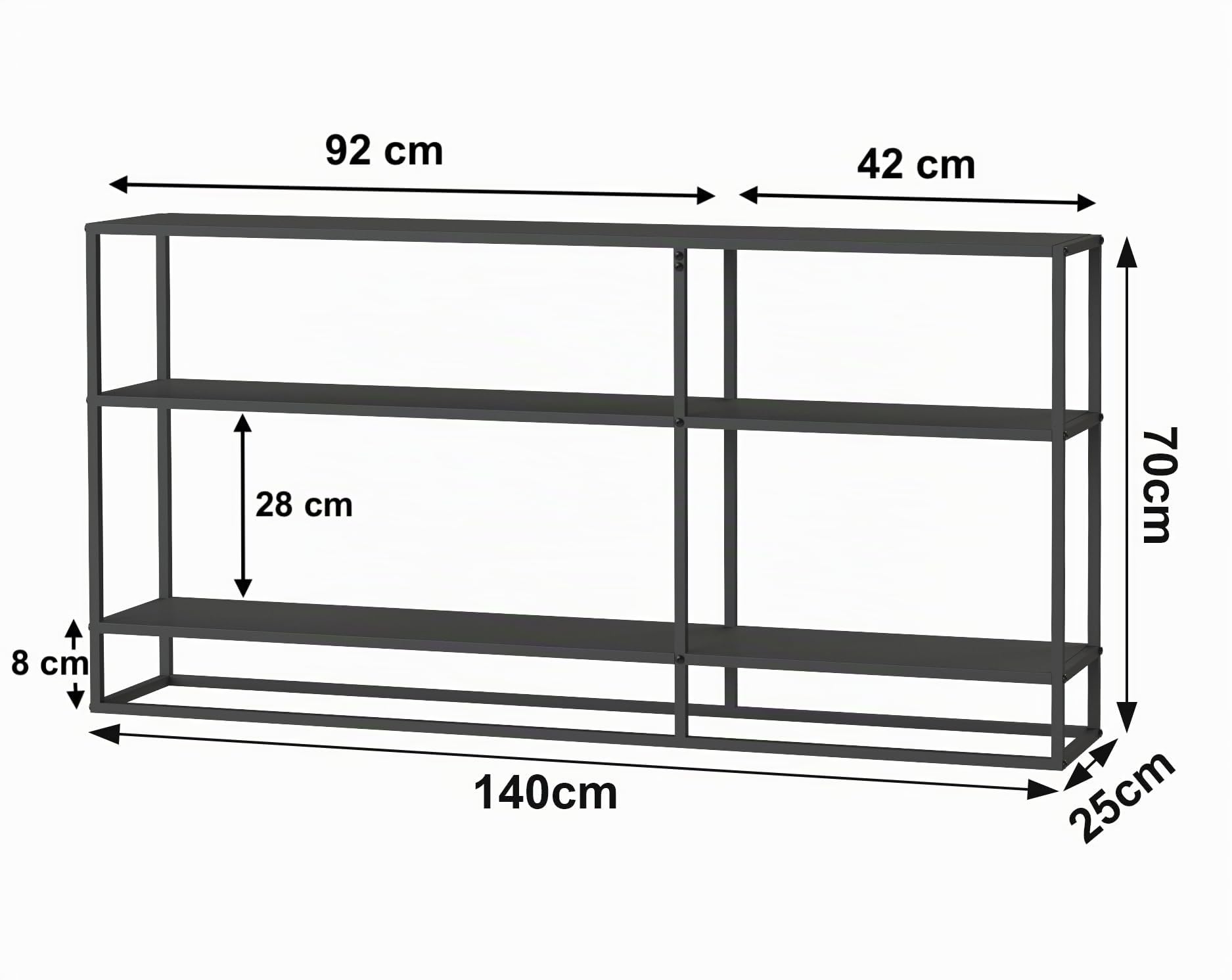 DanDiBo 96471 - Tavolo consolle sottile in metallo, con 3 ripiani, 140 x 70 x 25 cm, scaffale in metallo con ripiano