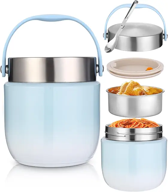 Thermo Lunchbox 1200ml, Edelstahl Warmhaltebehälter mit Löffel, Blau