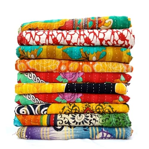 Varprada- 1 Piece Handmade Indian Vintage Kantha Quilts For Sale Throws Bedsheet Reversable Bohemian Home Décor Blanket –Assorted Color Twin Size 85X55 Inches #TOP5