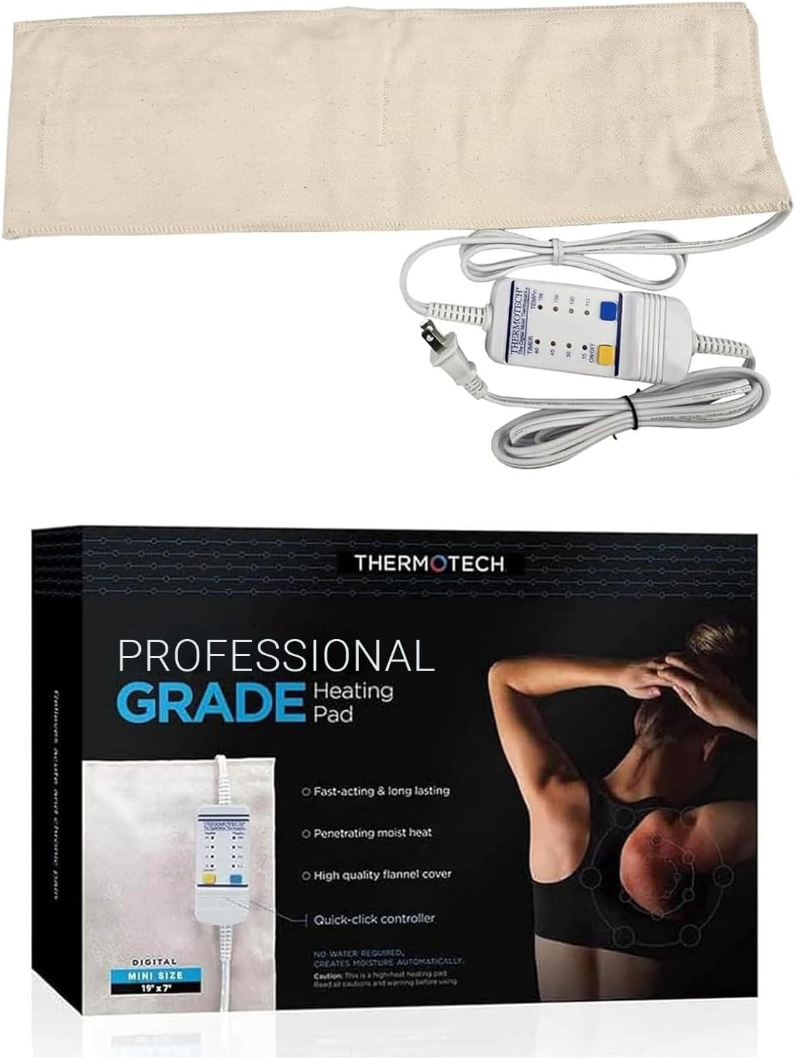 Professional Grade Heating Pad with Automatic Moist Heat by Thermotech, High-Heat Heating pad for Deep Penetrating Heat - 2nd Gen Version (Mini Digital - 19" by 7")