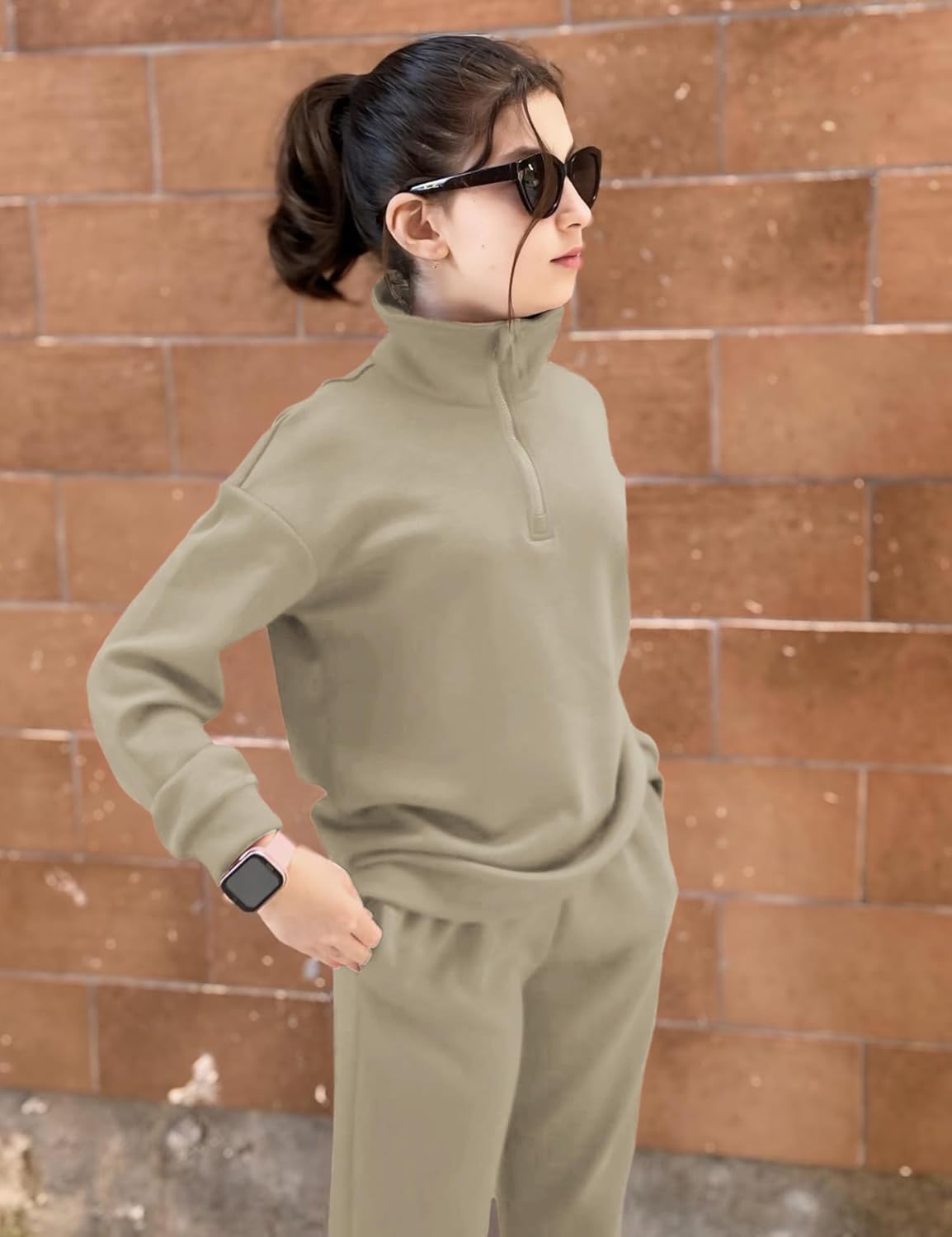 Arshiner Girls 2 Piece Outfits Sweatsuit Set Half Zip Lapel Collar Long Sleeve Sweatshirt Sweatpant Tracksuit Sets - Image 7