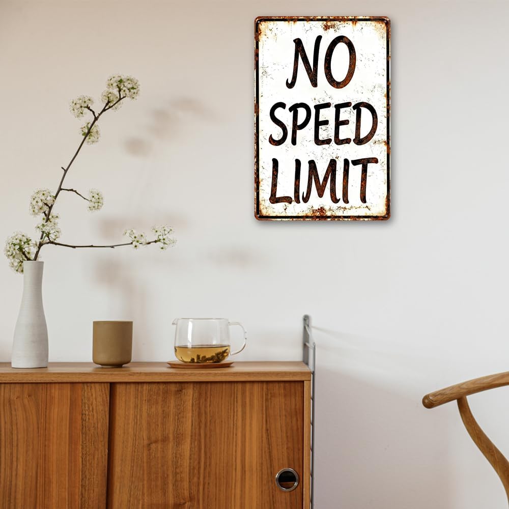 Gifts for Men Boys, No Speed Limit Sign Vintage Metal Tin Poster, Garage Man Cave Wall Art Decor, Retro Themed Bedroom Home Office Bar Club Plaque 8x12 Inch image 4