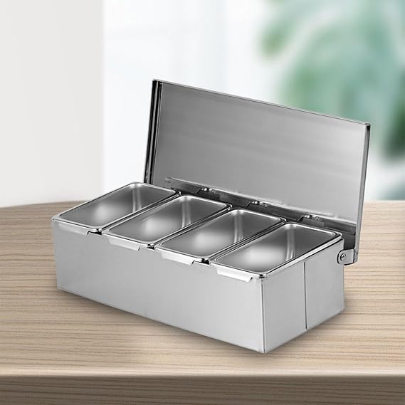 Seasoning Box, 4 Compartment Stainless Steel, With Lid