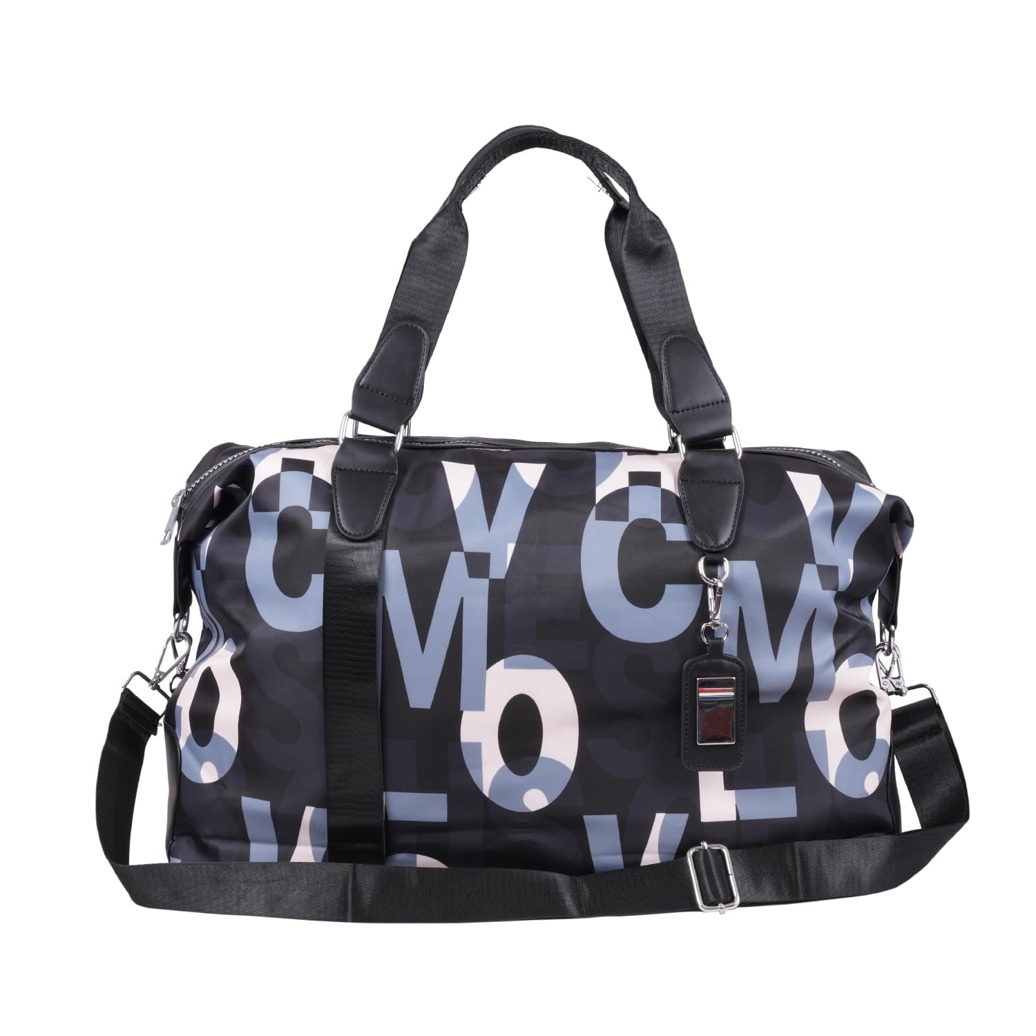 Travel Duffel Bag with Letter Print Design, Adjustable Shoulder Strap, Black and Grey-image-6