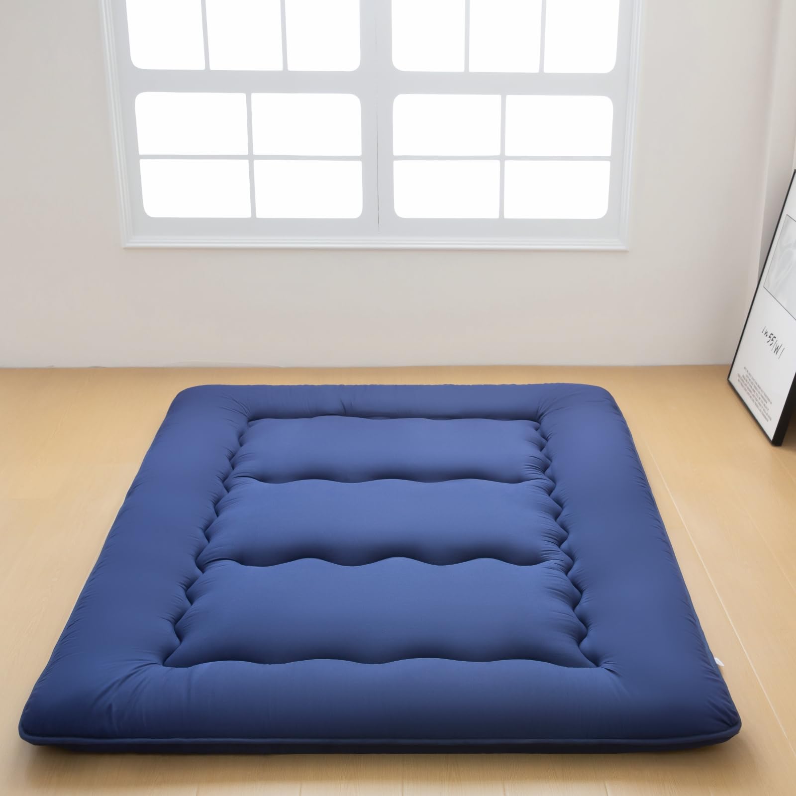 Japanese Roll Up Futon Mattress, Thick Tatami Blue Queen Size, Suitable for Camping & Guest Room