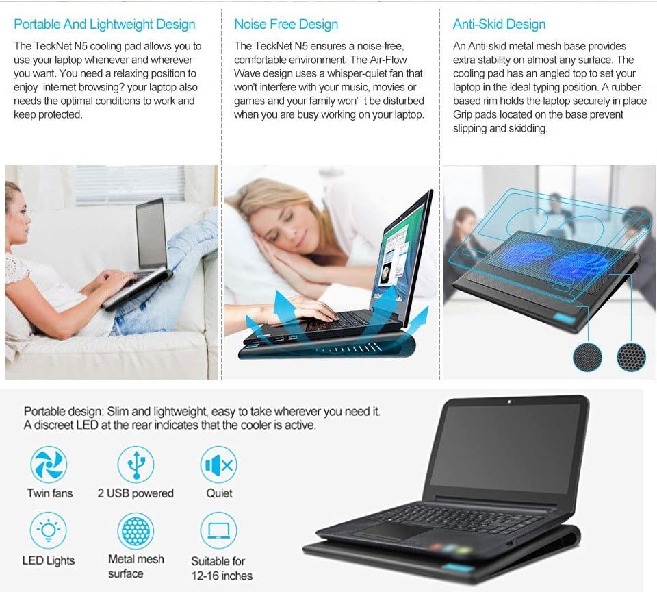 Base refrigeradora para laptop ligera y compacta, fácil de transportar, compatible con laptops de 12 a 16 pulgadas, con puerto USB adicional y ventiladores integrados - Negro miniatura 6