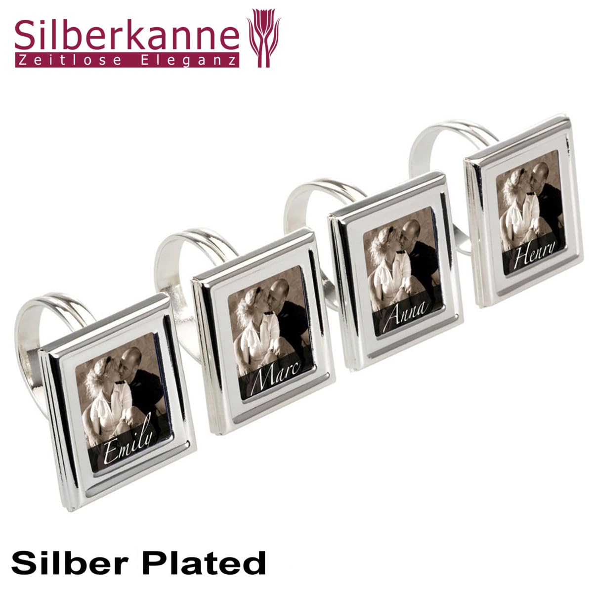 Lot de 4 ronds de serviette photo rectangulaires 4,5 x 4 cm - Décoration de table - Plaqué argent de qualité supérieure - Prêt à offrir dans un emballage cadeau chic