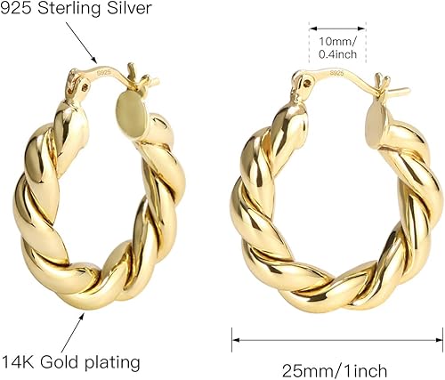 Miniatura 5 de Gold Hoop Earrings for Women Girls,14K Gold Plated Sterling Silver Hoop Earrings, Lightweight and Hypoallergenic Earrings for Gift