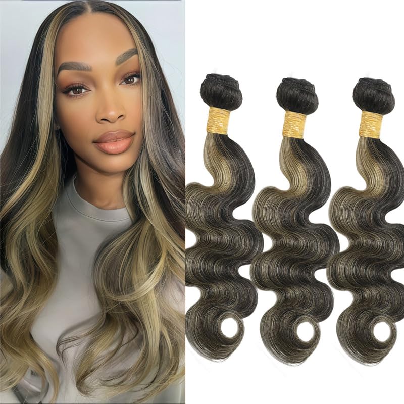 Blonde Highlight Bundles Human Hair 26 28 30Inch Honey Blonde Body Wave Bundles Brazilian Virgin Hair Weave 3Bundles Hair Deal（Black and Blonde，#p1b/27）