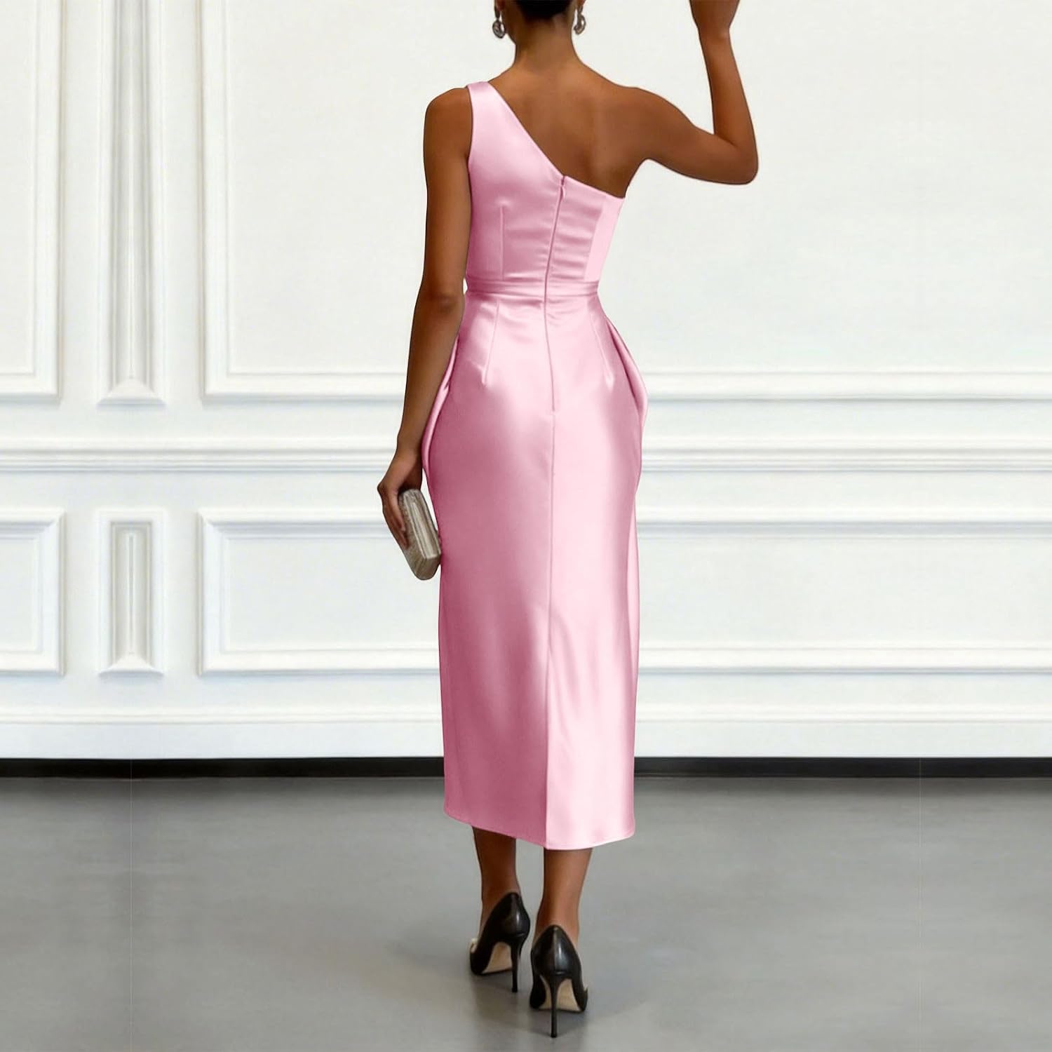 Lmdudan Womens One Shoulder Satin Midi Dress Ruched Draped Bodycon Dress Elegant Formal Wedding Guest Cocktail Dresses