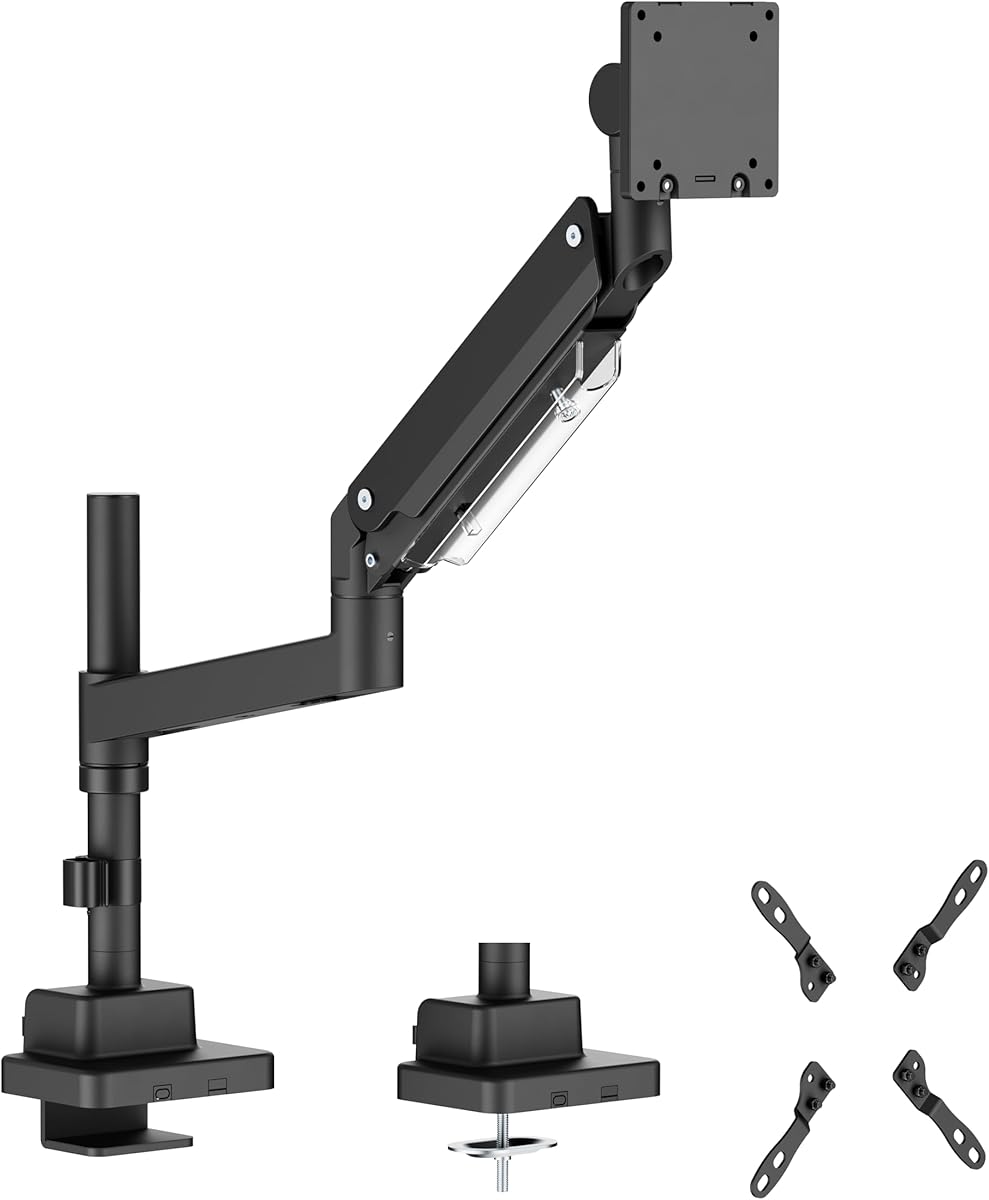 Monitor Halterung mit Säule Extrastark bis 27kg bis 57 Zoll Tragarm mit Gasdruckfeder LED LCD Monitore VESA 75x75 100x100 200x200 Office-GS612AEXP (Schwarz, 1 Monitor)