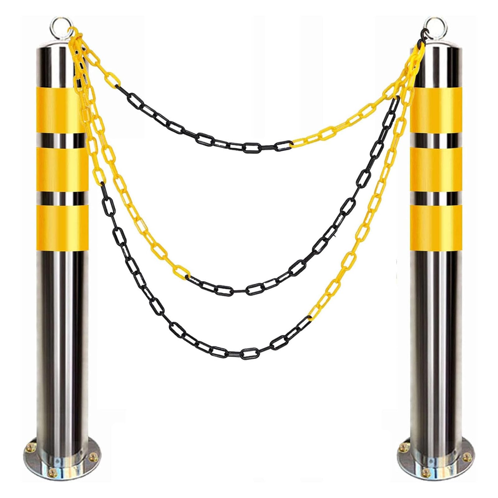 Barrera de estacionamiento para entrada, 2 bolardo de estacionamiento con barrera de cadena de plástico y ganchos en S, postes de señalización de metal para mayor visibilidad nocturna (800 mm de alto