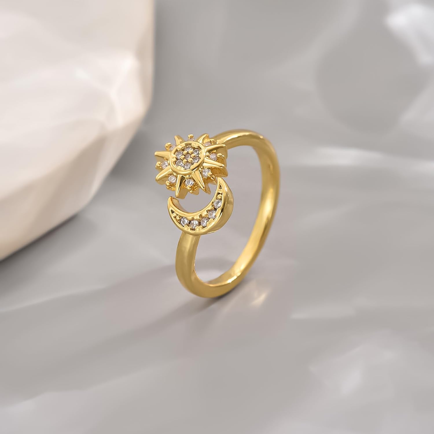 Cubic Zirconia Rings for Women Non Tarnish, 18K Gold Plated Dainty Stackable CZ Cross Moon Star Clover Leaf Open Ring, Eternity Wedding Band Rings Jewelry, Christmas Gifts - Image 6