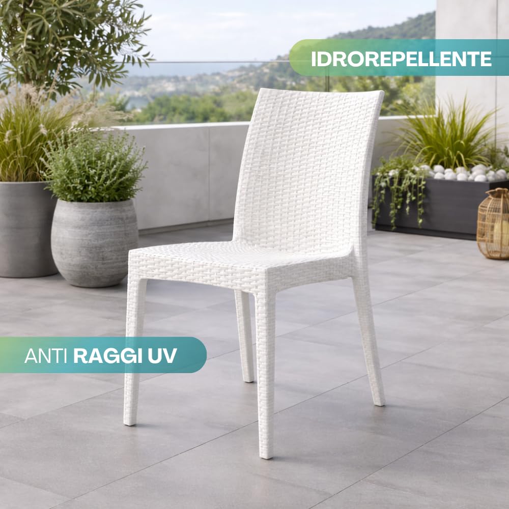 PALUPLUS Set 2 Sedie da Giardino effetto Rattan in Polipropilene colore BIANCO, misura 47x59x86 cm, Sedia Impilabile Senza Braccioli per Esterno ed Interno -VERO954F-9