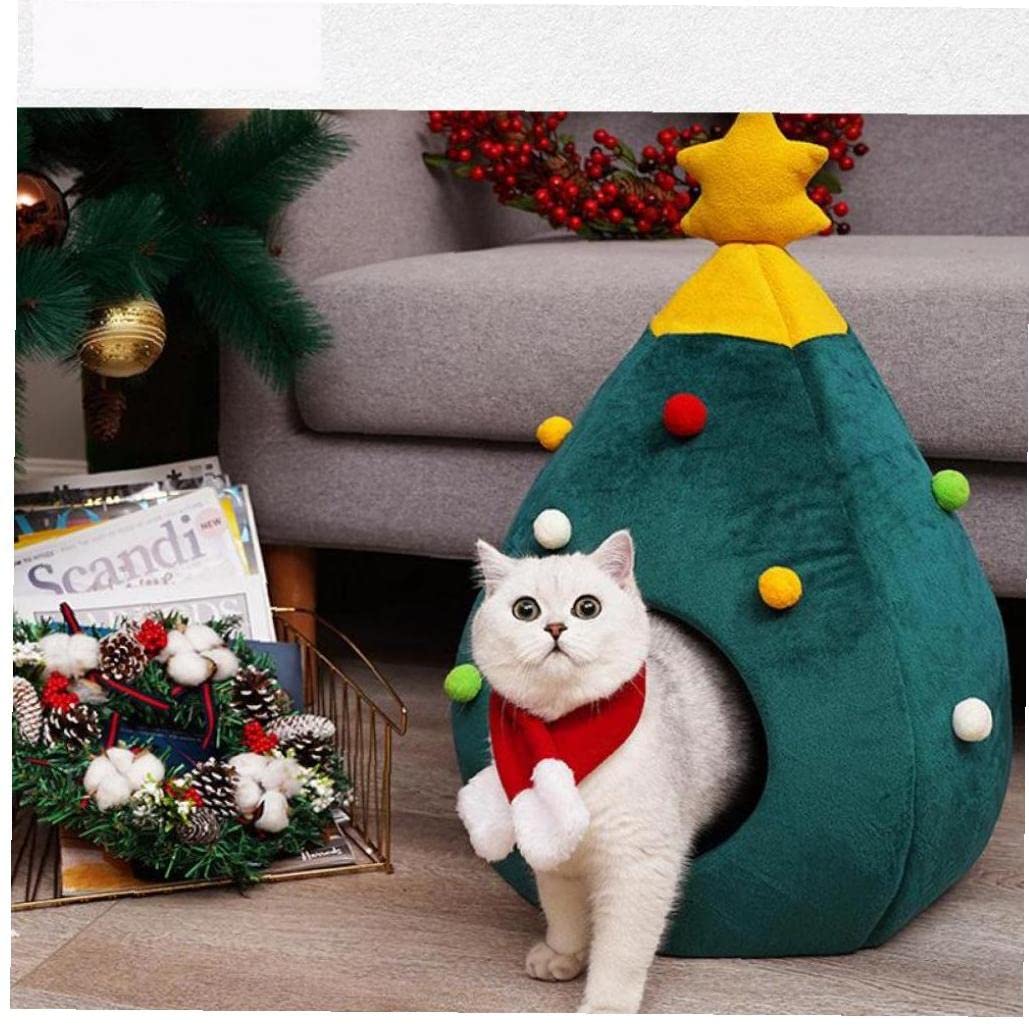 Christmas Cat Felt Cave Bed Tree Shape Semi Closed Pet