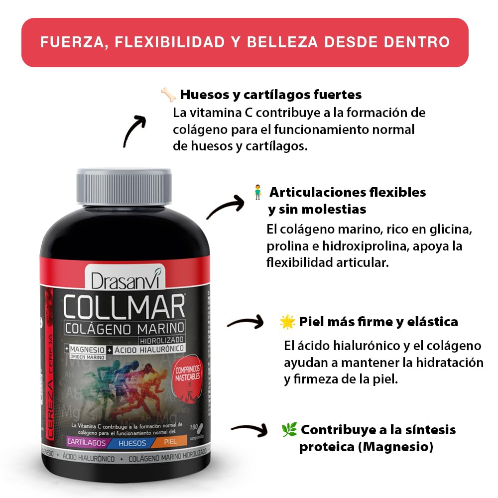 DRASANVI COLLMAR COMPRIMIDOS MASTICABLES - COLÁGENO Marino Hidrolizado + Magnesio + Ácido hialurónico - Sabor CEREZA - 180 comprimidos