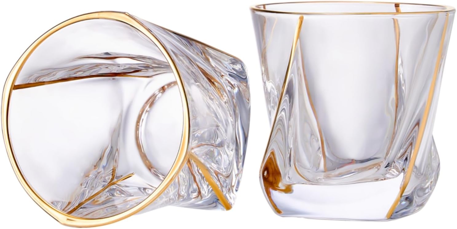 GLASKEY Crystal Whiskey Glasses Set of 2 with 24K Gold Rim,Bar Glasses,Twisted Whiskey Glass Gold Collection for Bourbon,Scotch and Wine,Rock Barware for Men Gift - 8oz