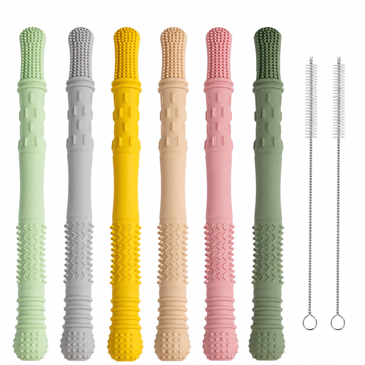 Zahnungshilfe für Babys, 6 Beißröhrchen mit 2 Bürsten | BPA-freie Beißröhrchen für 3–12 Monate, inklusive 2 Reinigungsbürsten, spülmaschinengeeignet