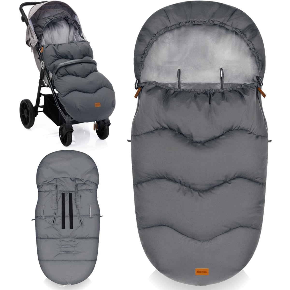Fillikid Winterfußsack mit Microvelour Wassersäule 8000mm universal Fußsack für Kinderwagen Buggy Jogger Kinderwagenfußsack 6 bis 36 Monate (Grau)