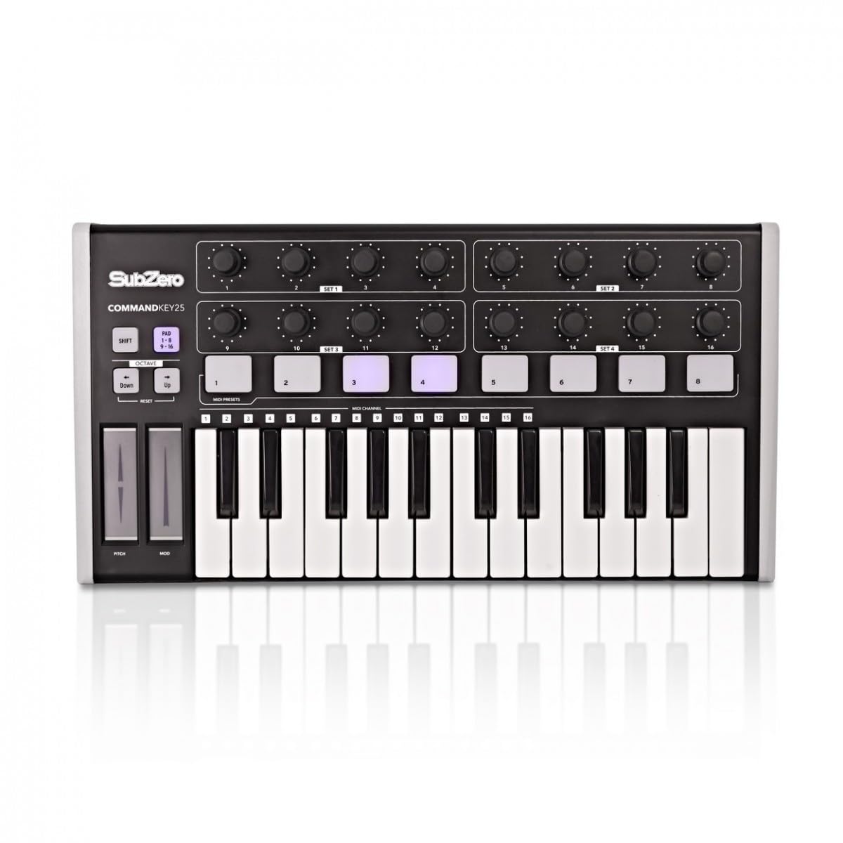Teclado controlador MIDI de 25 teclas SubZero CommandKey25 | 25 Teclas Finas Sensibles a la Velocidad, Pads Perillas y Bandas Táctiles Asignables, Chasis Compacto 37cm